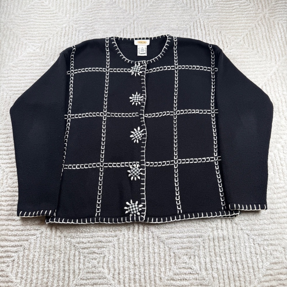 Talbots Cardigan Sweater Small Black White Teacher VTG Sunflower Cottagecore